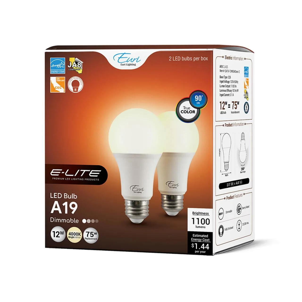2-Pack E-Lite LED A19 Bulbs - 12W - 1100 Lumens - Euri Lighting - Image 8